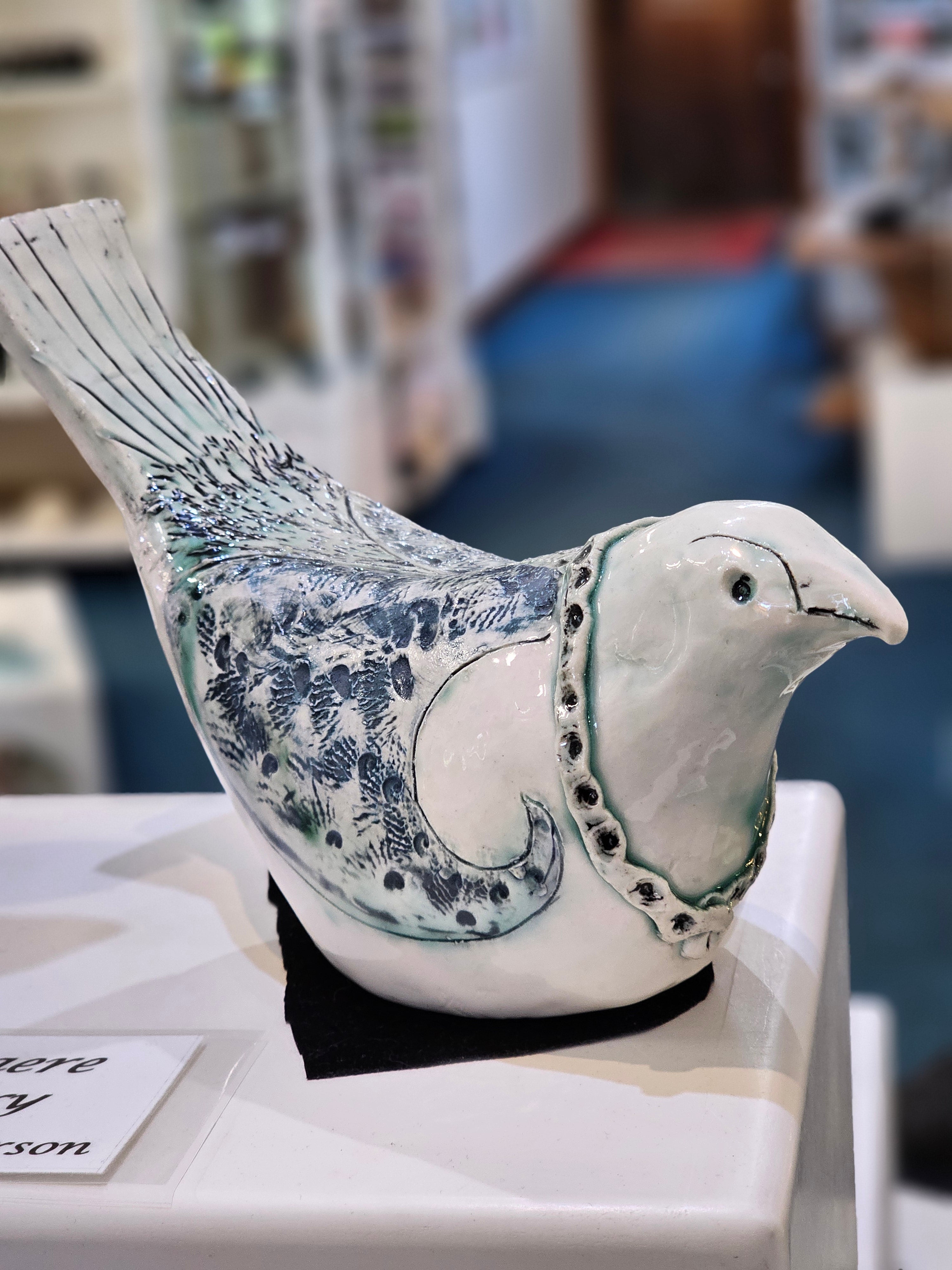 Ceramic Bird, Blue Teal and White