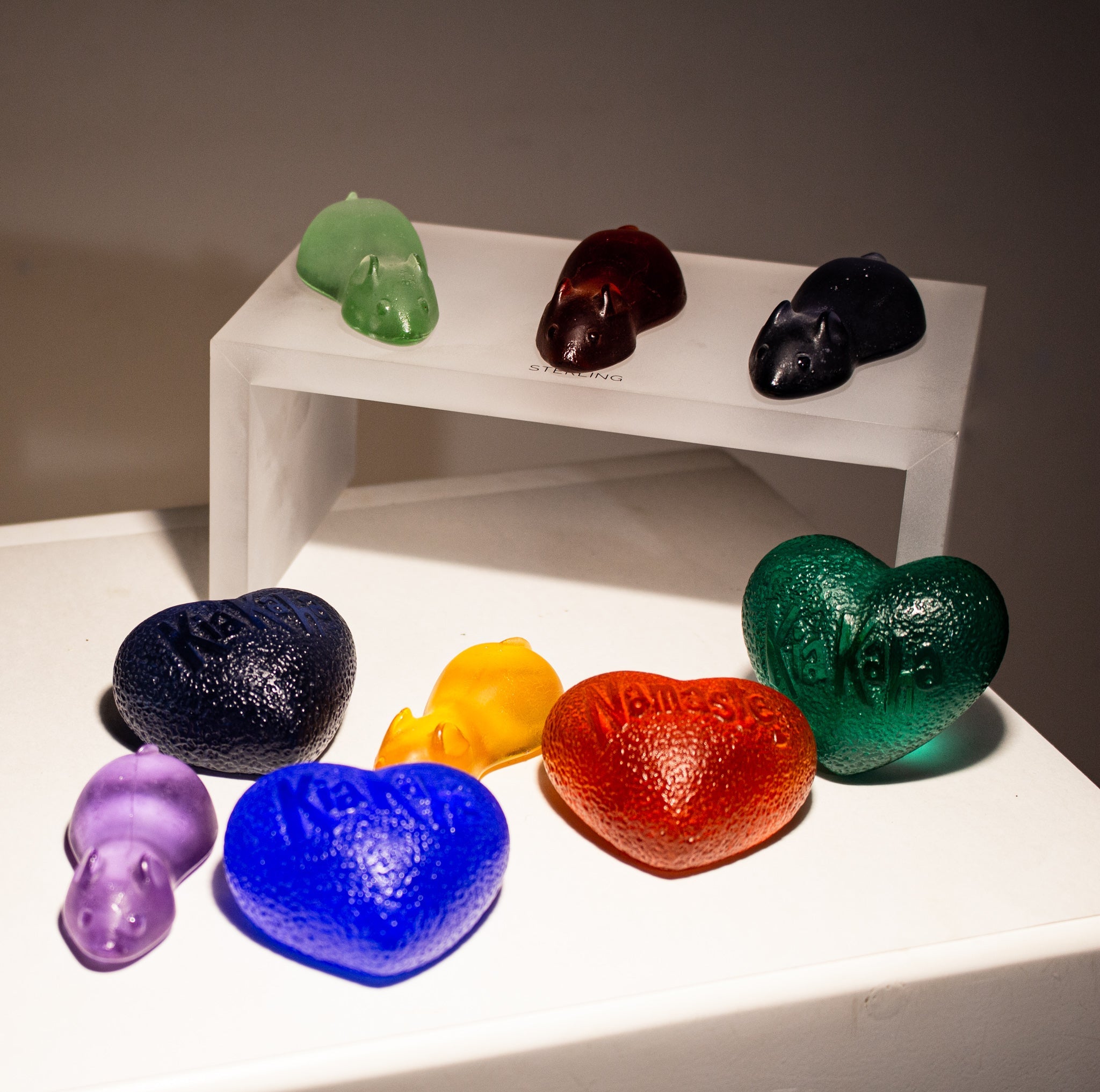 Cast Glass Hearts and Sugar Mice from $60