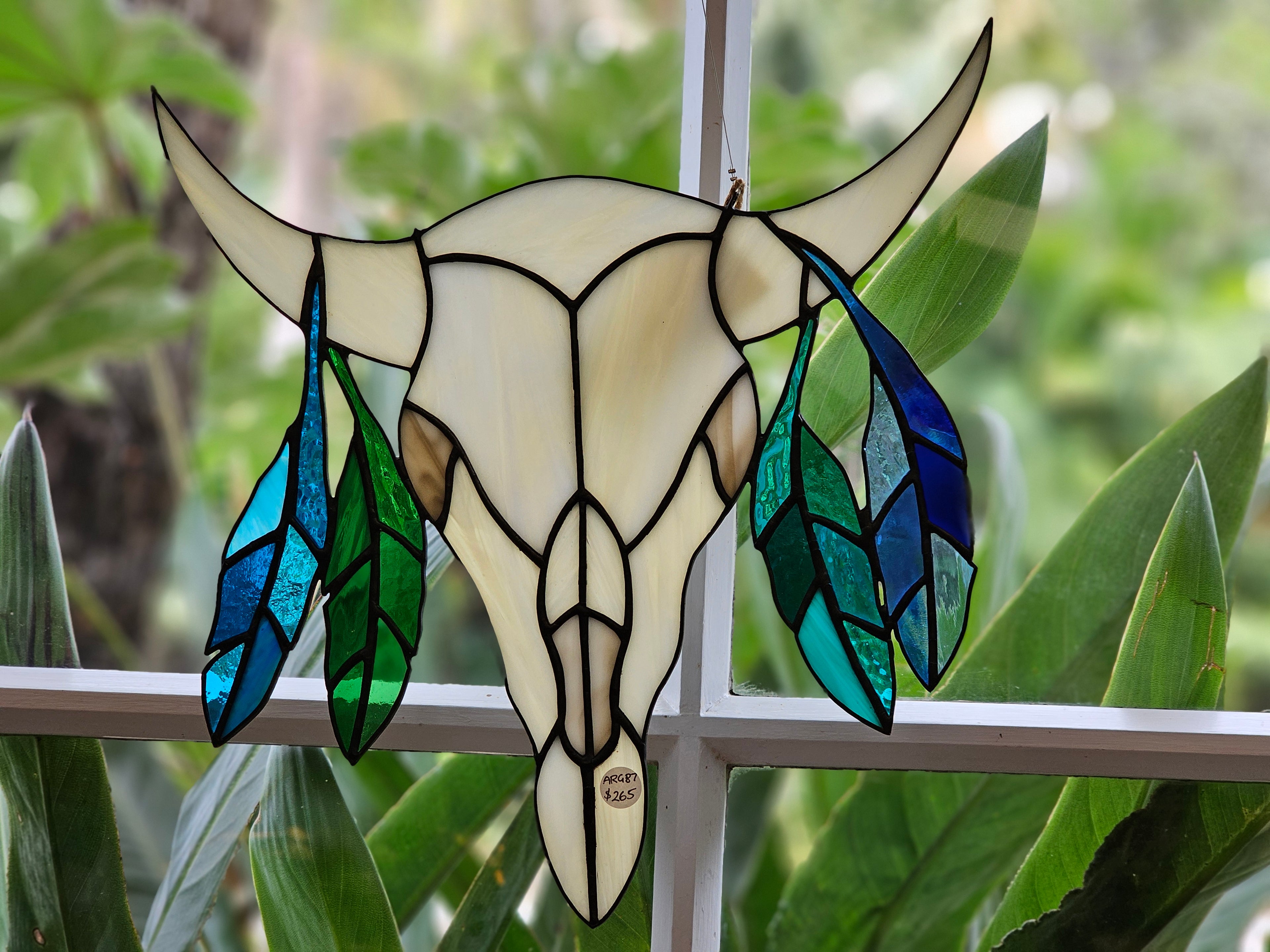 Stained Glass - Cattle Skull with Feathers