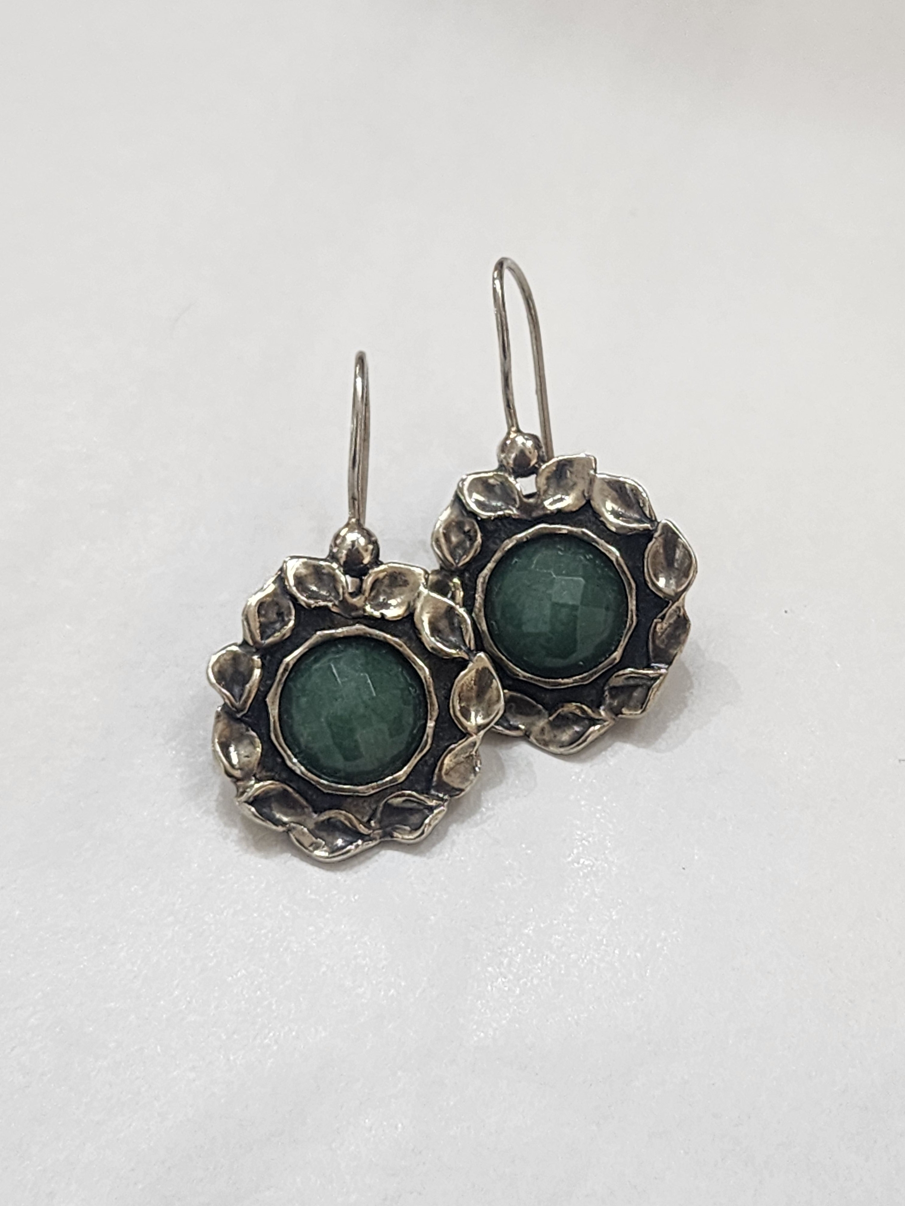 Flower Earrings with Green Stone