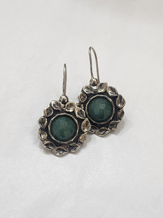 Flower Earrings with Green Stone