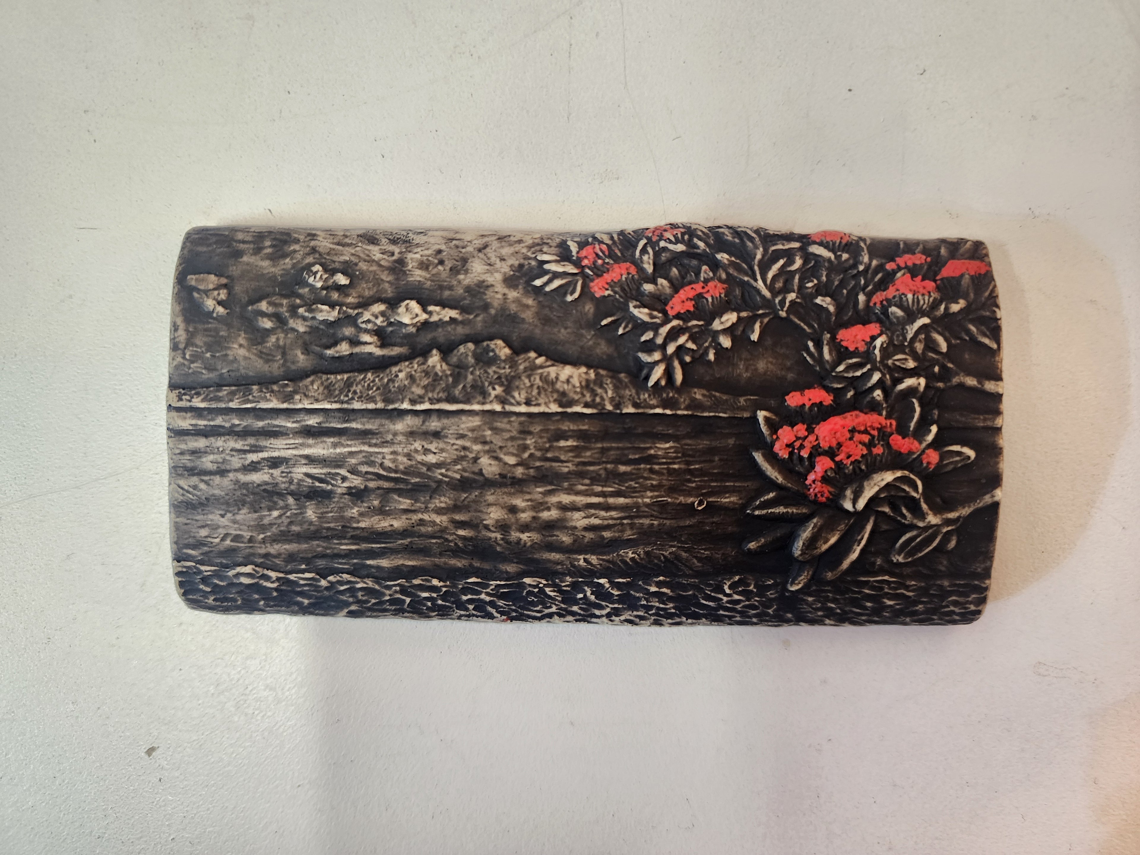 Rangitoto Grey with Red Pohutukawa - Bas Relief Tile