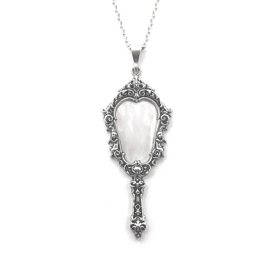 Antique Hand Mirror Necklace - Mother of Pearl