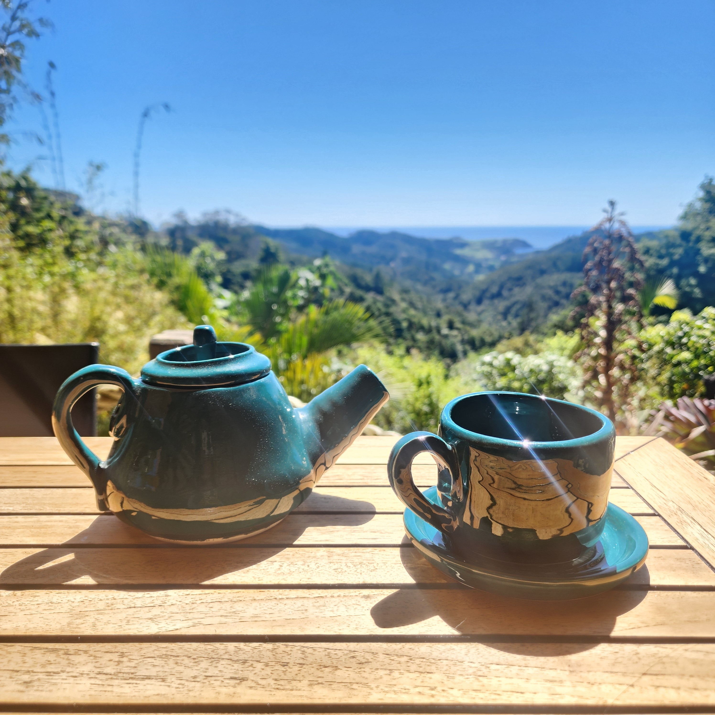 Teapot and Teacup with Saucer - Peacock