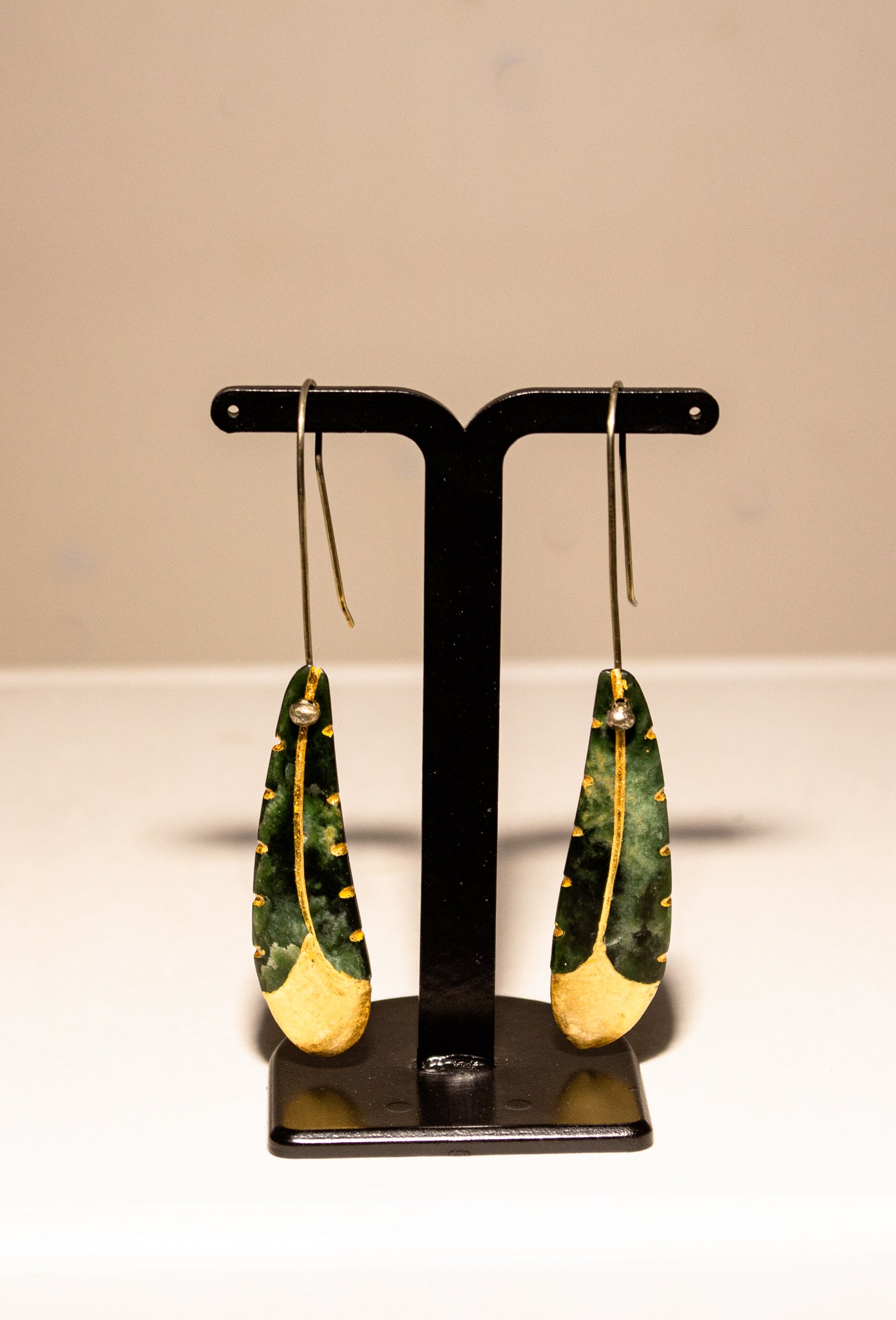 Greenstone and gold leaf earrings