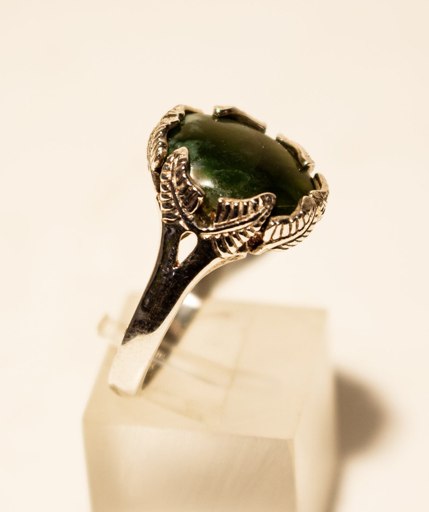 Ring –
Greenstone with Silver Fern Detail